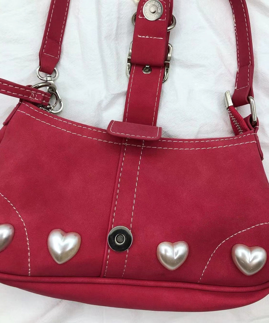 Women Red Pearl Love Faux Leather Hobo Bag