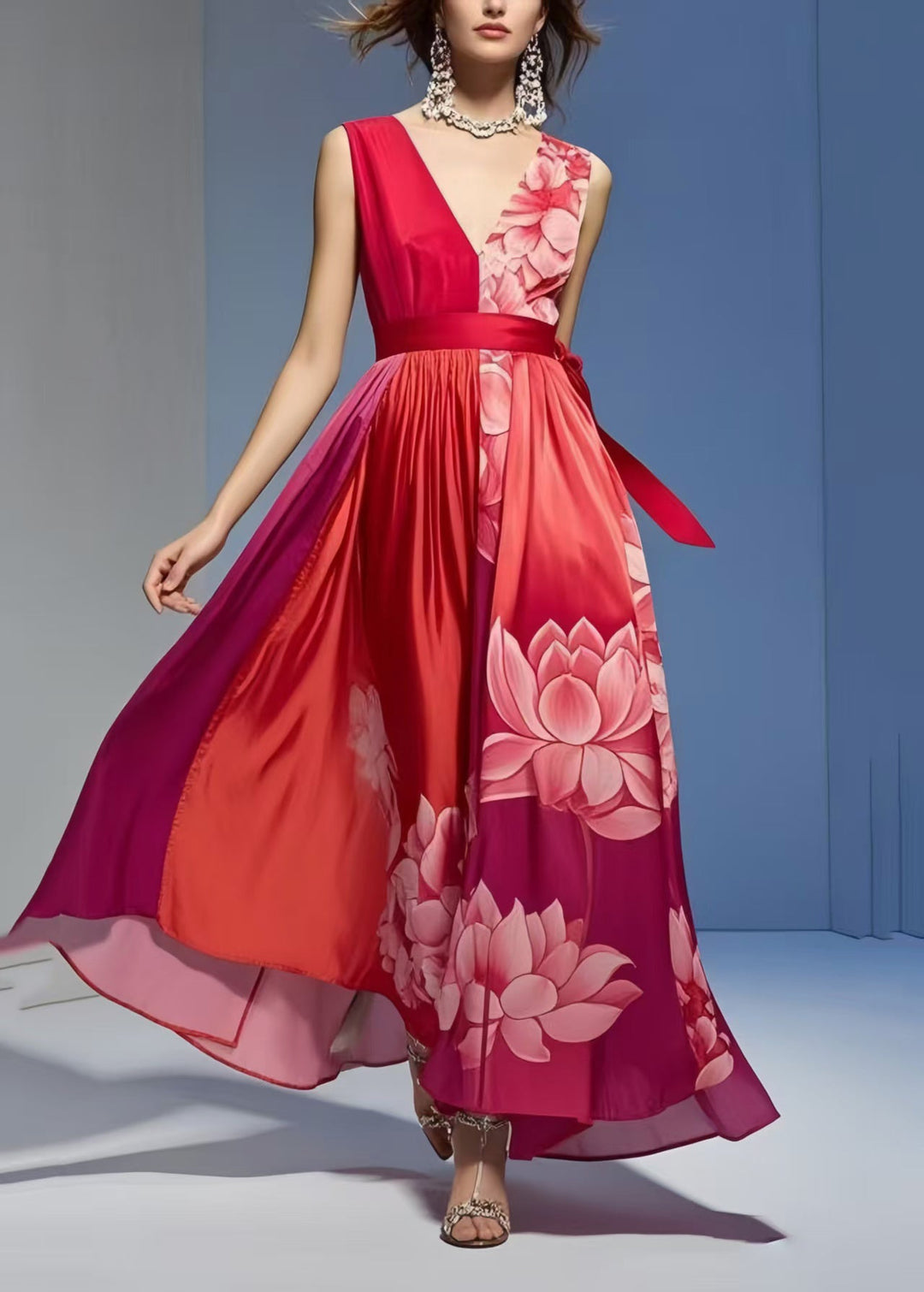 Women Red Print Exra Large Hem Silk Vacation Dresses Sleeveless