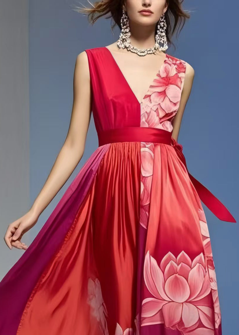 Women Red Print Exra Large Hem Silk Vacation Dresses Sleeveless