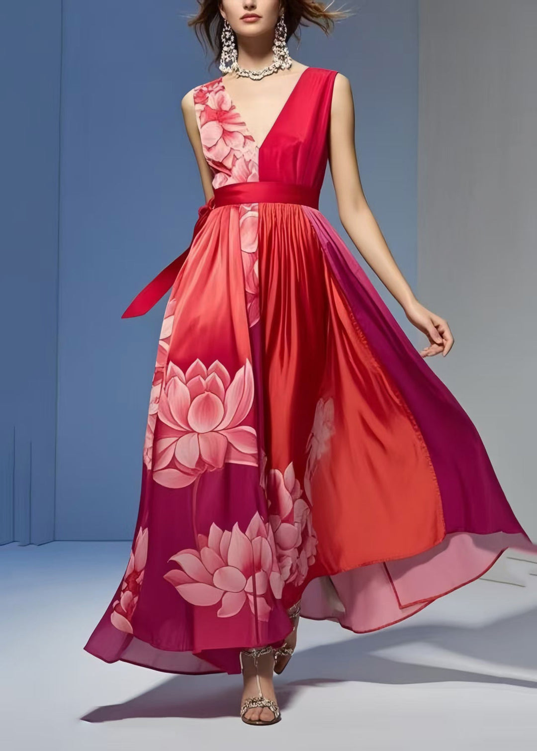 Women Red Print Exra Large Hem Silk Vacation Dresses Sleeveless