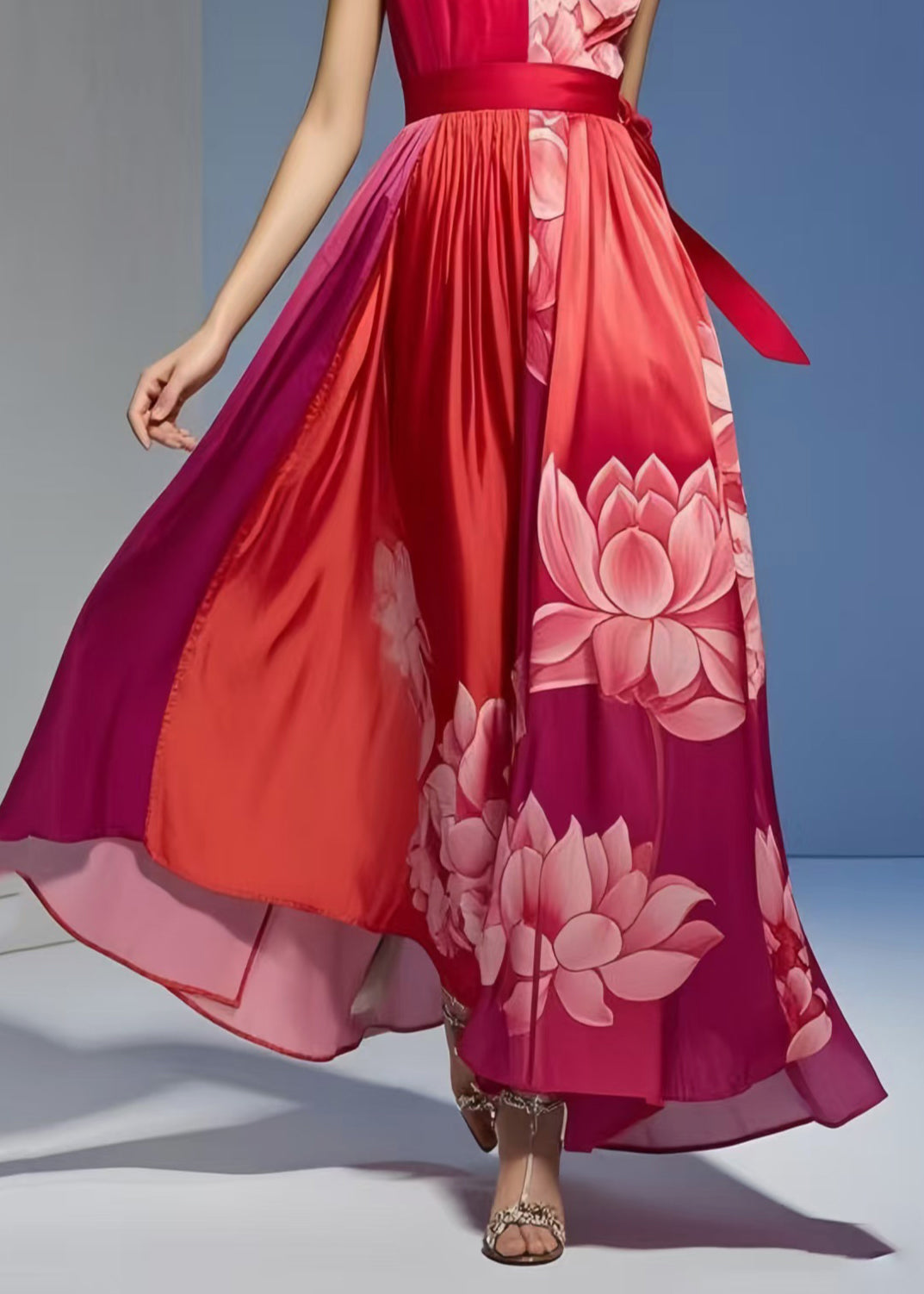 Women Red Print Exra Large Hem Silk Vacation Dresses Sleeveless