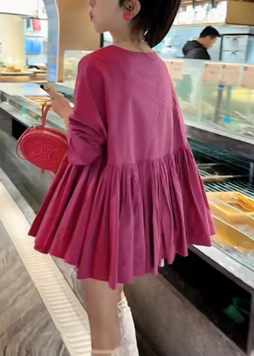 Women Rose O Neck Wrinkled Solid Cotton Shirts Fall