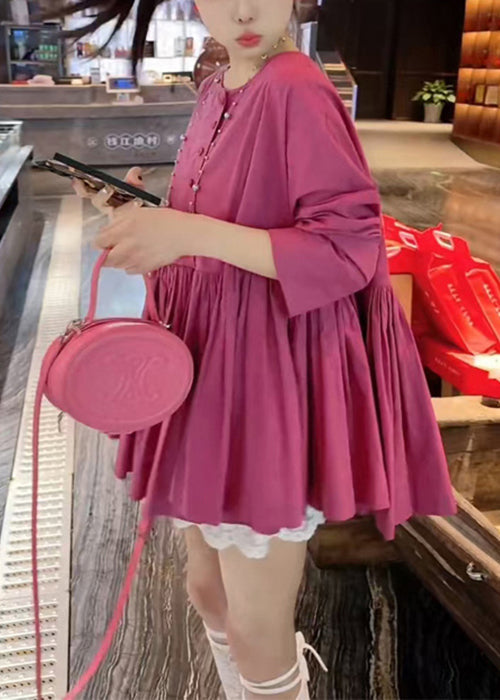 Women Rose O Neck Wrinkled Solid Cotton Shirts Fall