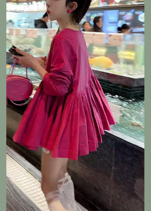 Women Rose O Neck Wrinkled Solid Cotton Shirts Fall