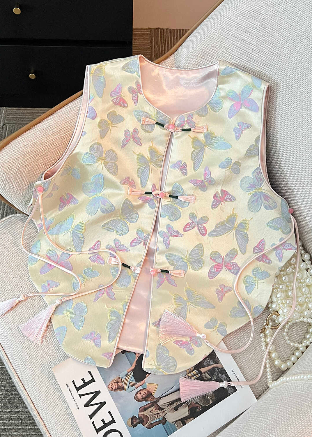 Women Tasseled Butterfly Chinese Button Silk Vest Sleeveless