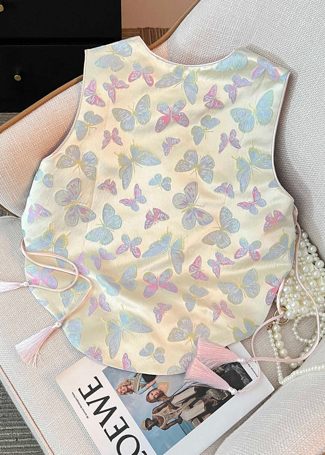 Women Tasseled Butterfly Chinese Button Silk Vest Sleeveless