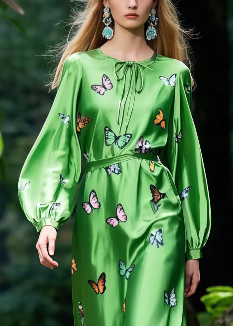 Women Tea Green Butterfly Silk Robe Dresses Spring