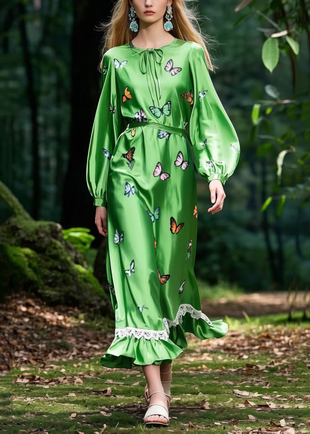 Women Tea Green Butterfly Silk Robe Dresses Spring