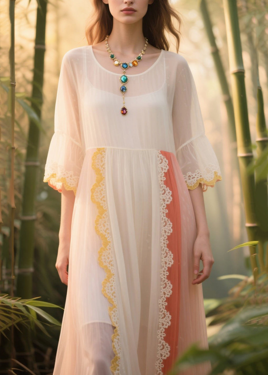 Women White Oversized Patchwork Tulle Sundress Summer