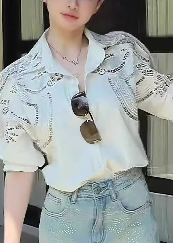 Women White Peter Pan Collar Hollow Out Cotton Blouses Fall
