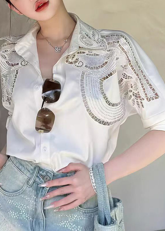 Women White Peter Pan Collar Hollow Out Cotton Blouses Fall