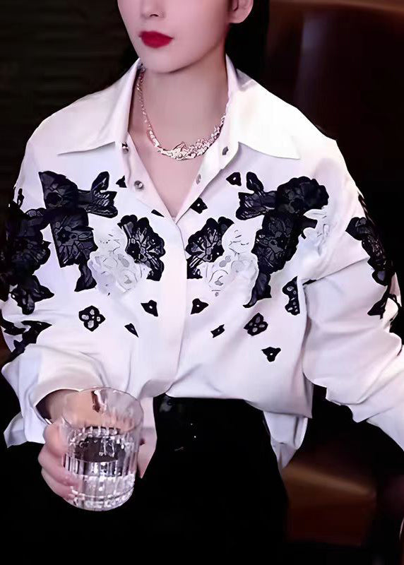 Women White Peter Pan Collar Hollow Out Floral Cotton Tops Fall