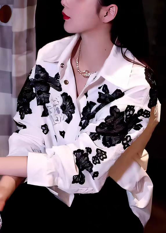 Women White Peter Pan Collar Hollow Out Floral Cotton Tops Fall