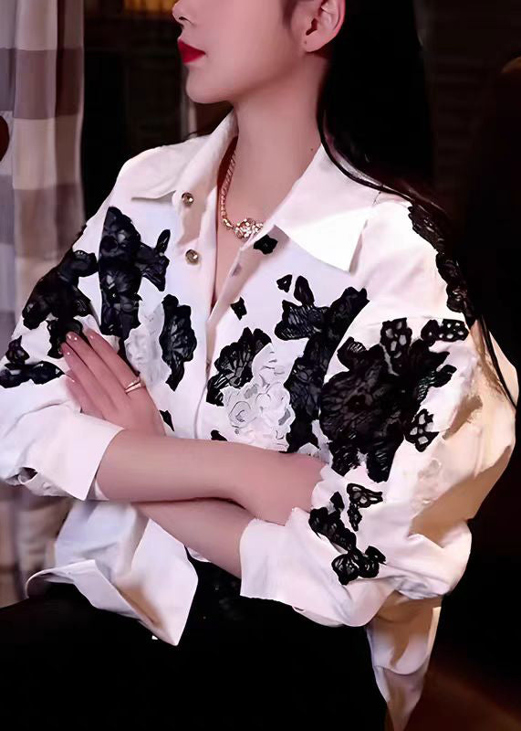 Women White Peter Pan Collar Hollow Out Floral Cotton Tops Fall