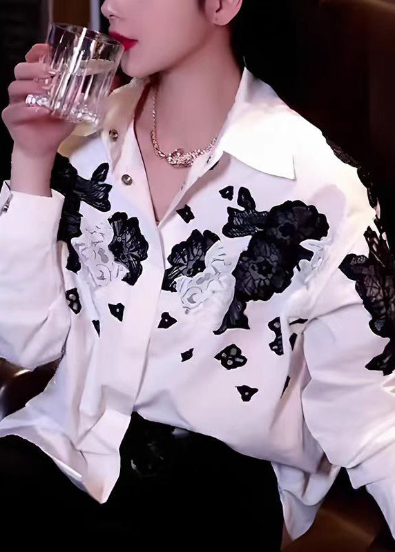 Women White Peter Pan Collar Hollow Out Floral Cotton Tops Fall