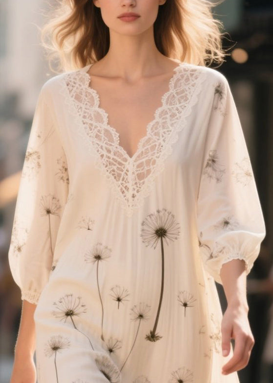 Women White Print Patchwork Chiffon Long Dress Bracelet Sleeve