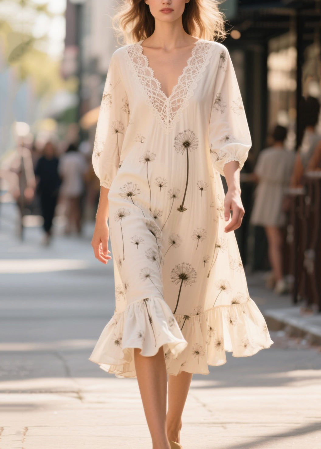 Women White Print Patchwork Chiffon Long Dress Bracelet Sleeve