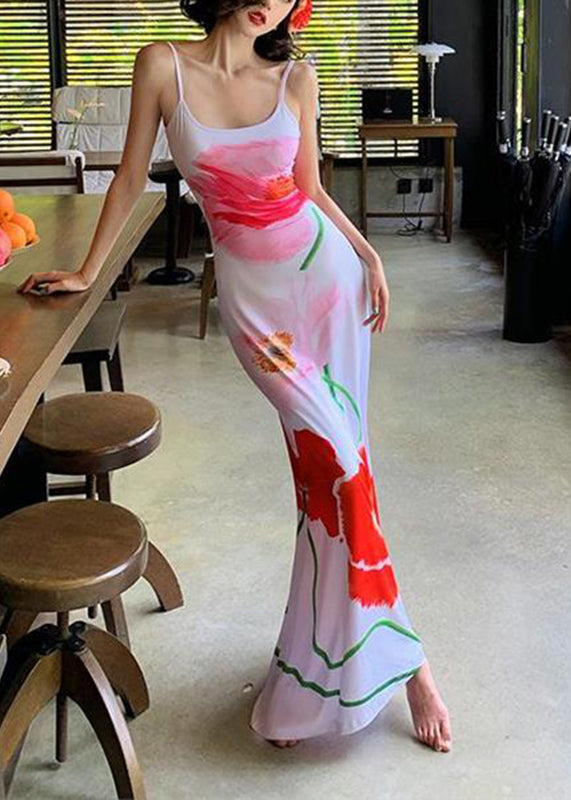 Women White Print Silk Maxi Spaghetti Strap Dress Sleeveless