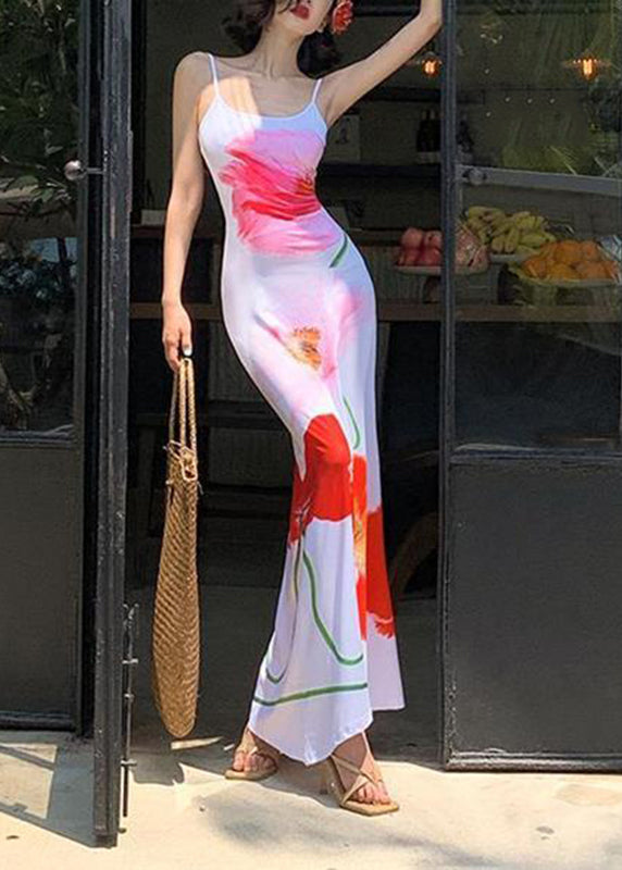 Women White Print Silk Maxi Spaghetti Strap Dress Sleeveless