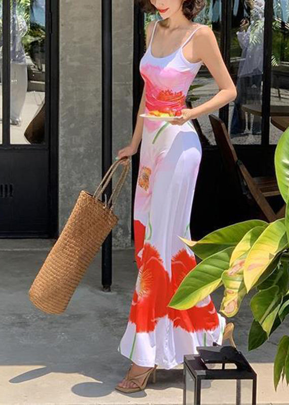 Women White Print Silk Maxi Spaghetti Strap Dress Sleeveless