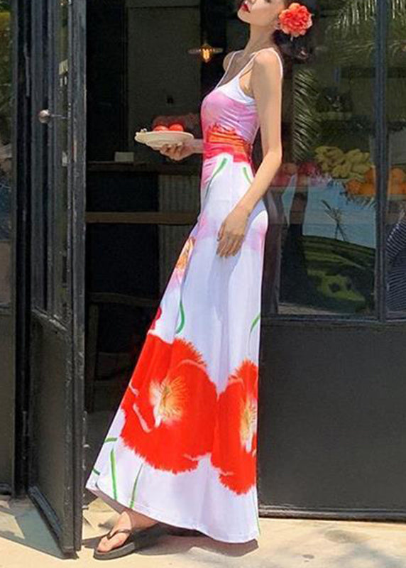 Women White Print Silk Maxi Spaghetti Strap Dress Sleeveless
