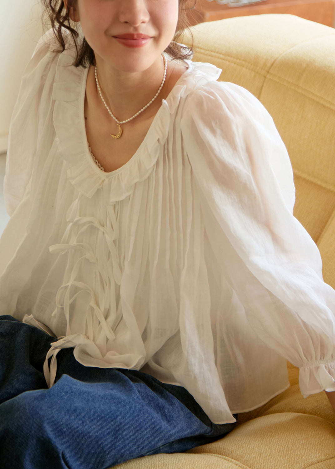 Women White Ruffled Patchwork Linen Shirts Lantern Sleeve