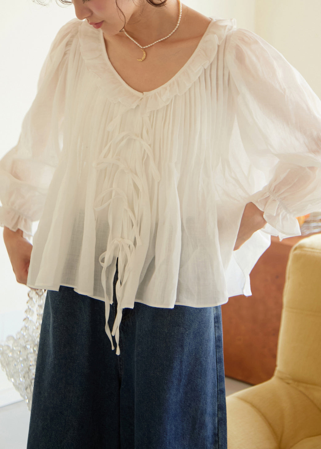 Women White Ruffled Patchwork Linen Shirts Lantern Sleeve