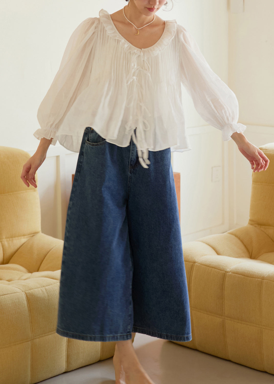 Women White Ruffled Patchwork Linen Shirts Lantern Sleeve