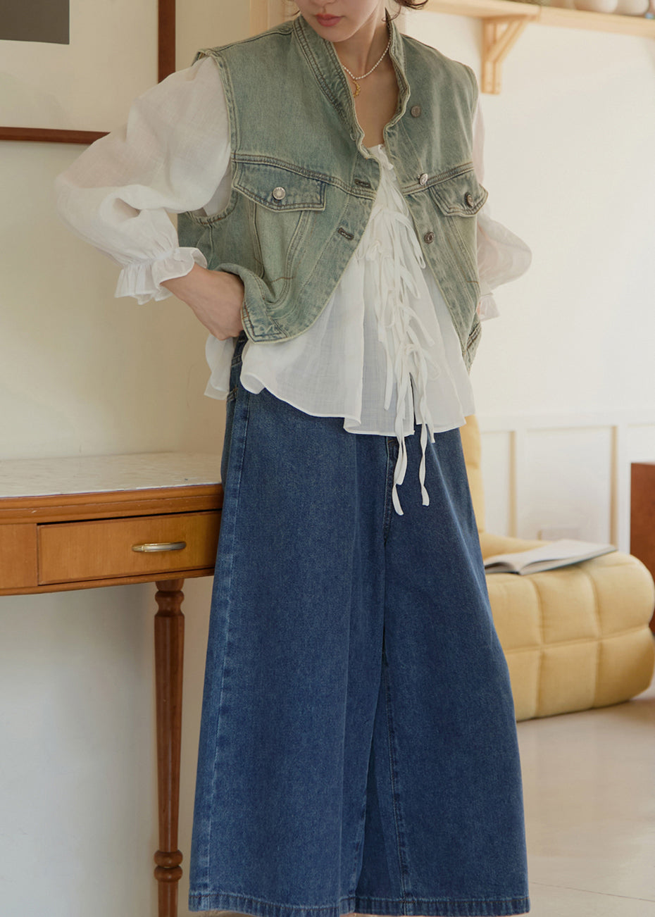 Women White Ruffled Patchwork Linen Shirts Lantern Sleeve