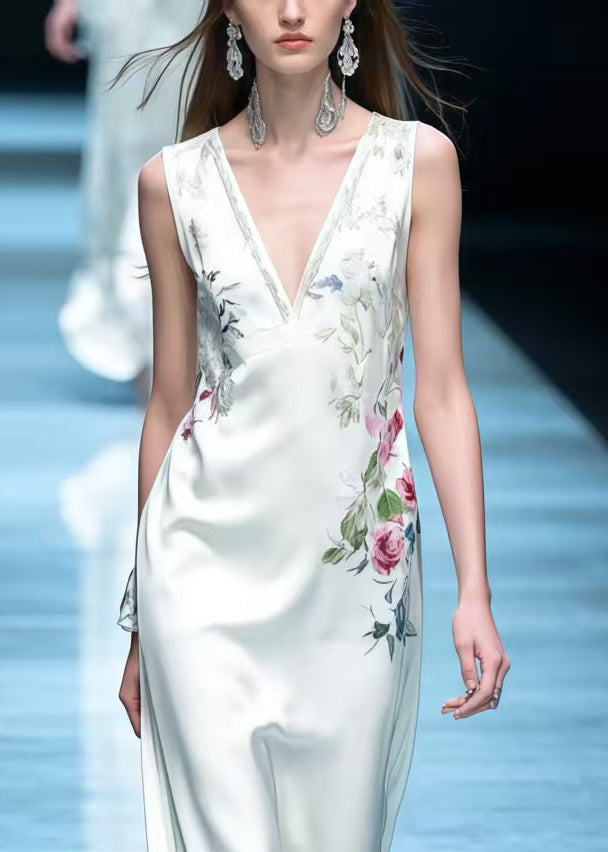Women White V Neck Floral Silk Straight Dress Sleeveless