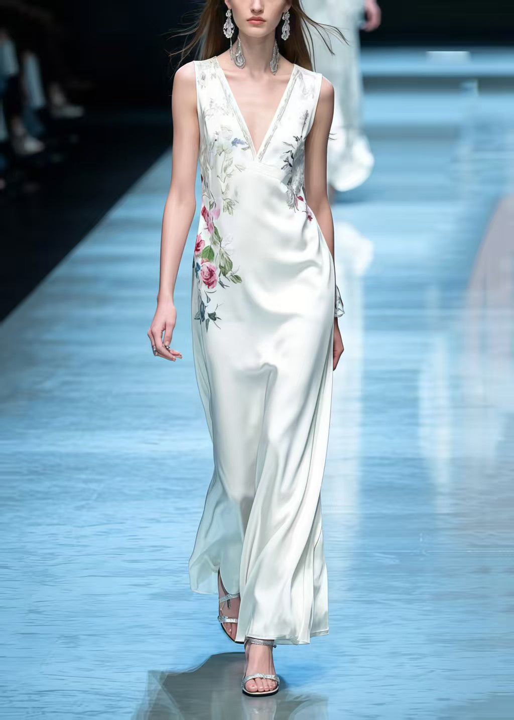 Women White V Neck Floral Silk Straight Dress Sleeveless