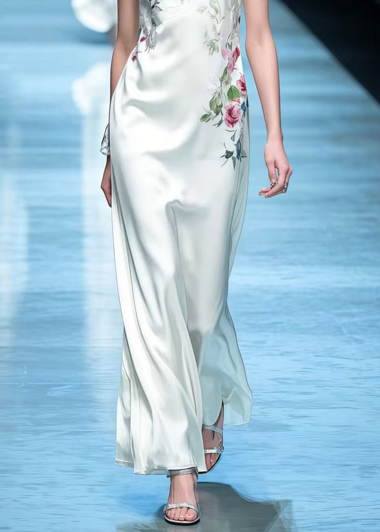 Women White V Neck Floral Silk Straight Dress Sleeveless