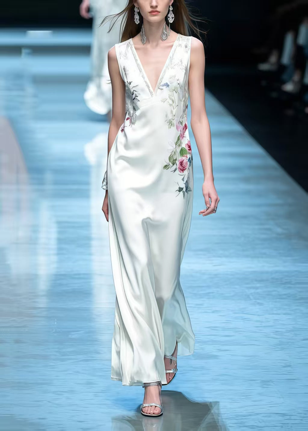 Women White V Neck Floral Silk Straight Dress Sleeveless