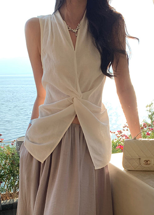 Women White V Neck Front Open Cotton Blouses Sleeveless