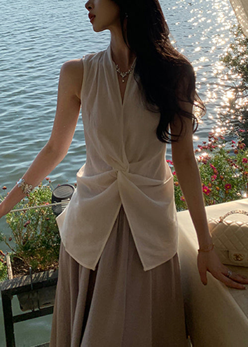 Women White V Neck Front Open Cotton Blouses Sleeveless