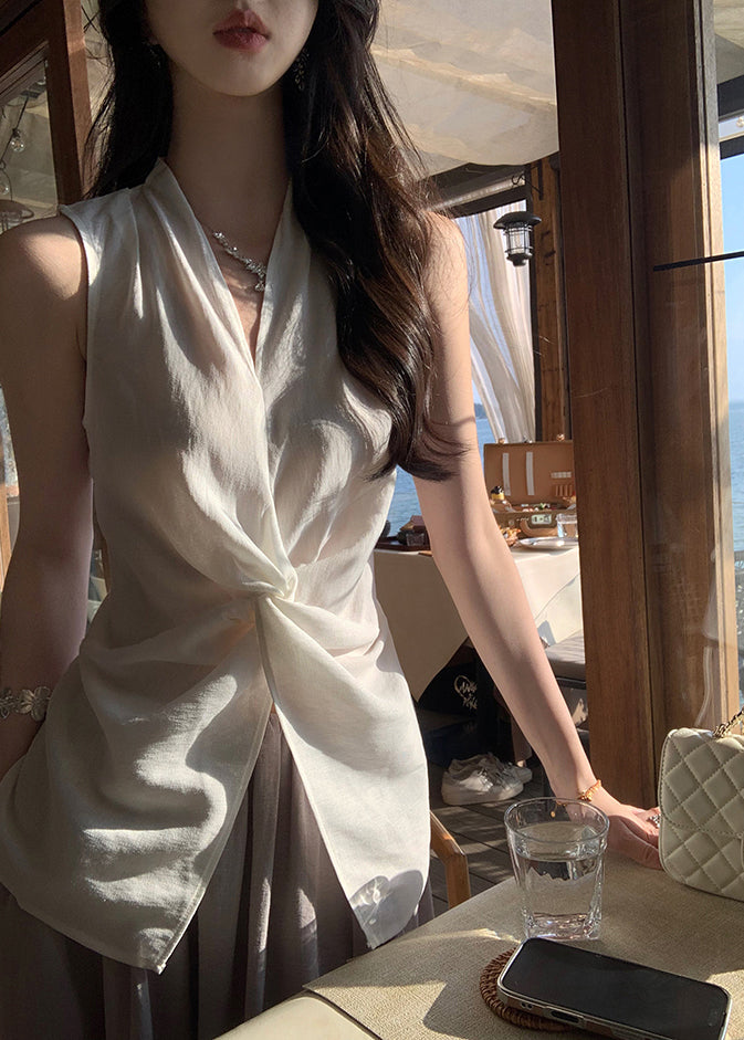 Women White V Neck Front Open Cotton Blouses Sleeveless