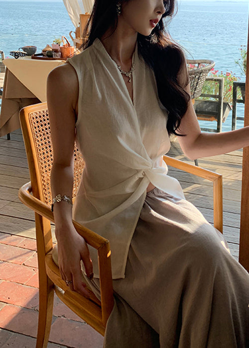 Women White V Neck Front Open Cotton Blouses Sleeveless