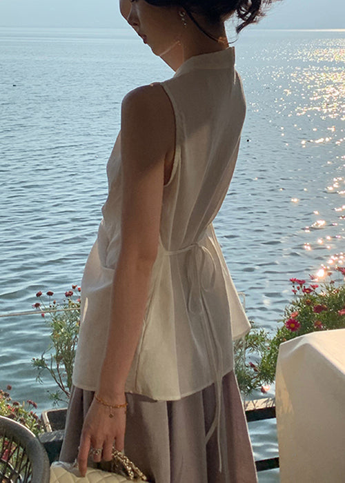 Women White V Neck Front Open Cotton Blouses Sleeveless