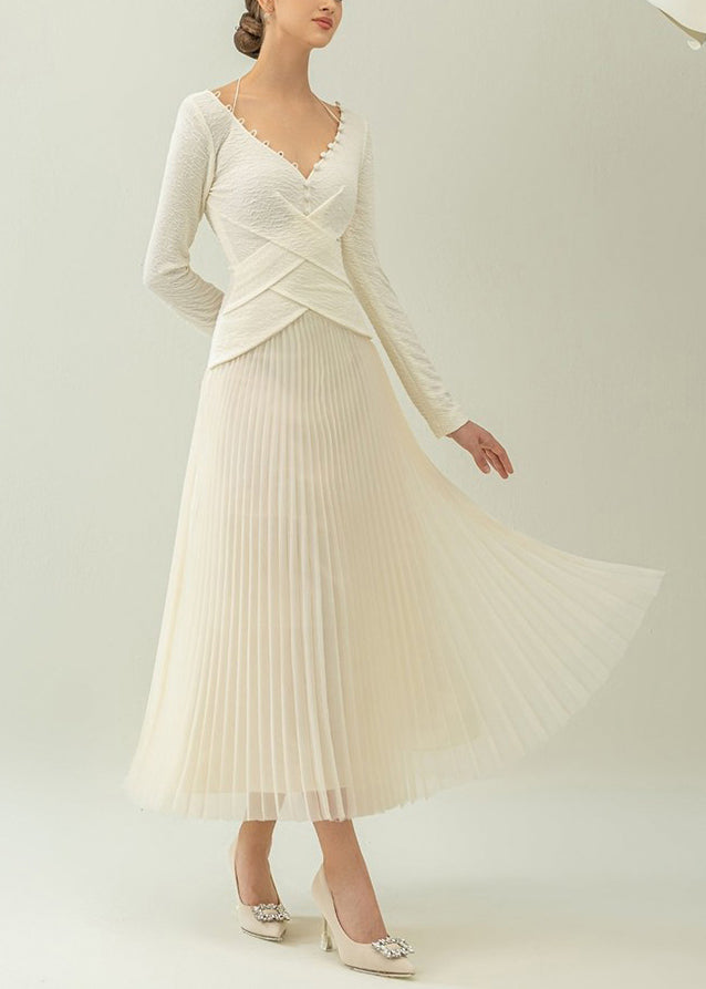 Women White V Neck Wrinkled Patchwork Cotton Long Dress Fall