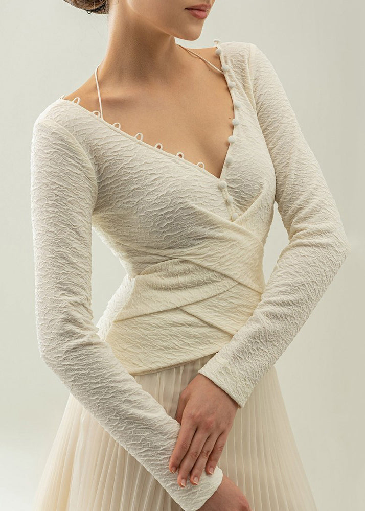 Women White V Neck Wrinkled Patchwork Cotton Long Dress Fall