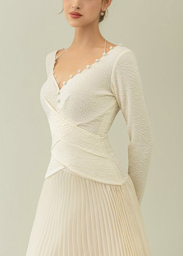 Women White V Neck Wrinkled Patchwork Cotton Long Dress Fall