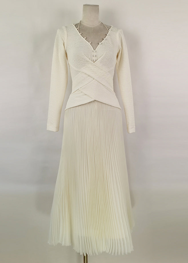 Women White V Neck Wrinkled Patchwork Cotton Long Dress Fall