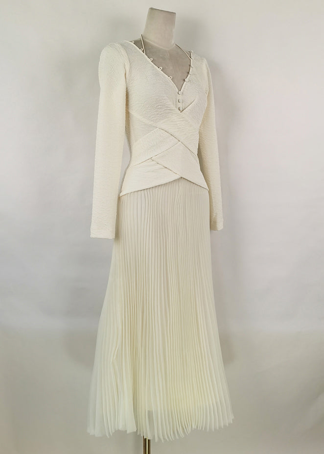 Women White V Neck Wrinkled Patchwork Cotton Long Dress Fall