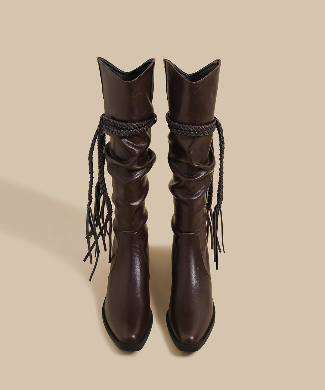 Women Wrinkled Tassel Splicing Chunky Boots Brown Faux Leather