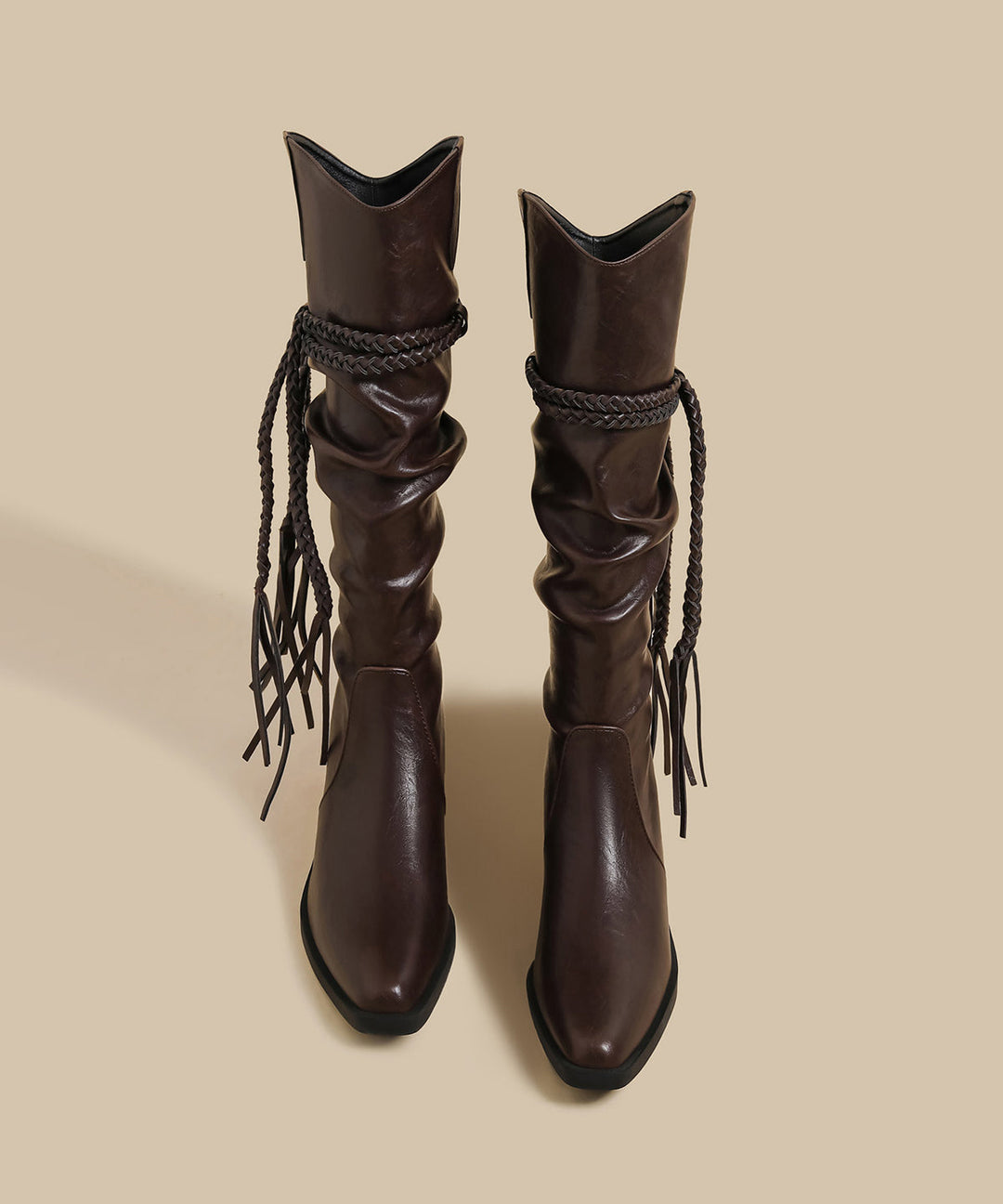 Women Wrinkled Tassel Splicing Chunky Boots Brown Faux Leather