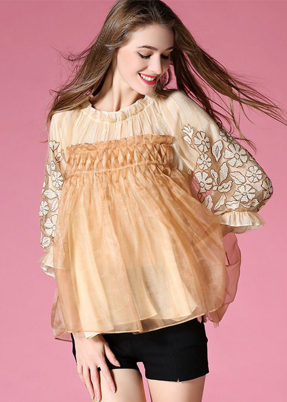 Women Yellow Embroidered Patchwork Tulle Shirt Top Spring