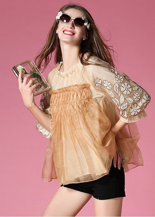 Women Yellow Embroidered Patchwork Tulle Shirt Top Spring