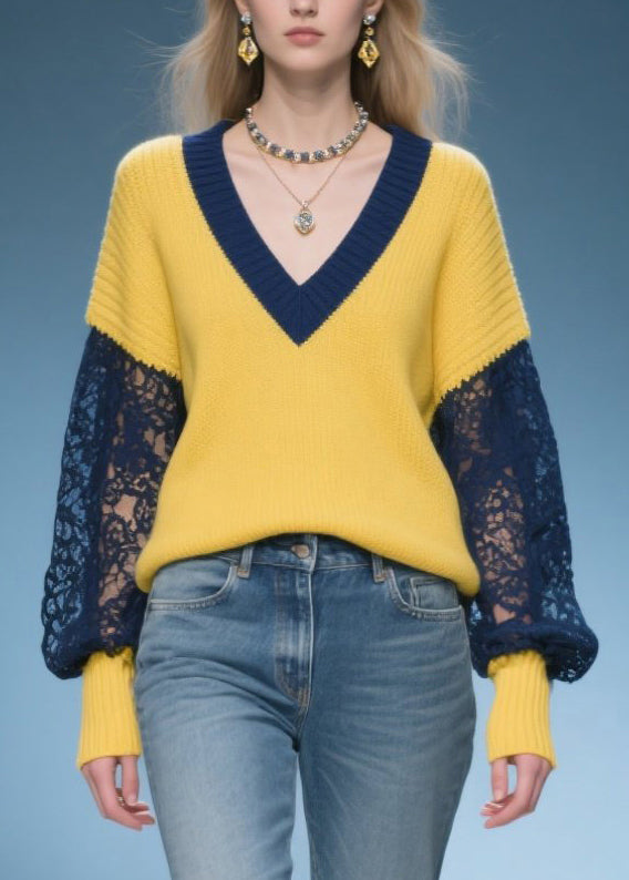 Women Yellow Oversized Patchwork Lace Sweaters Fall