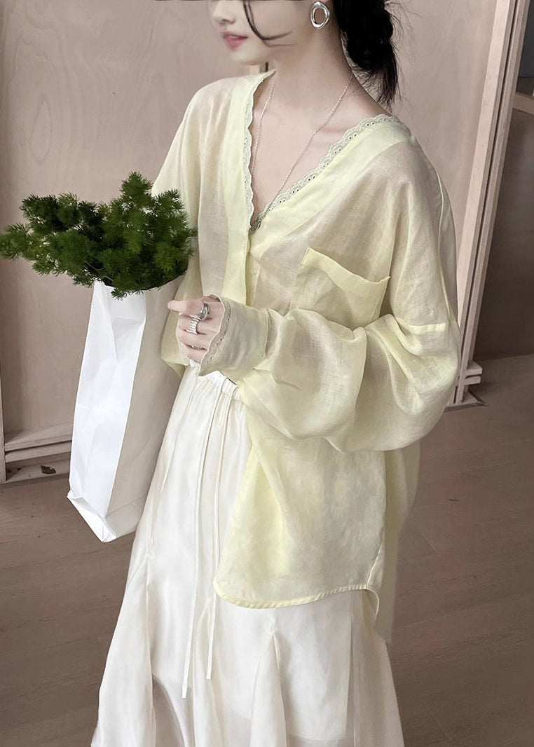 Yellow Lace Pockets Silk Cotton Summer Blouse V Neck