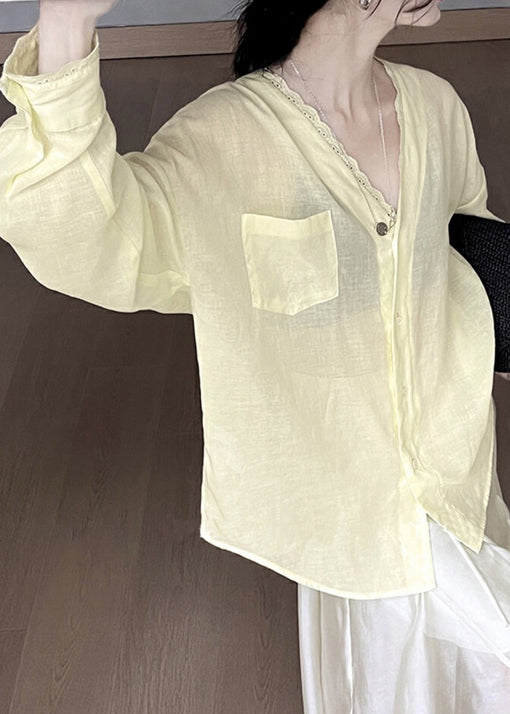 Yellow Lace Pockets Silk Cotton Summer Blouse V Neck